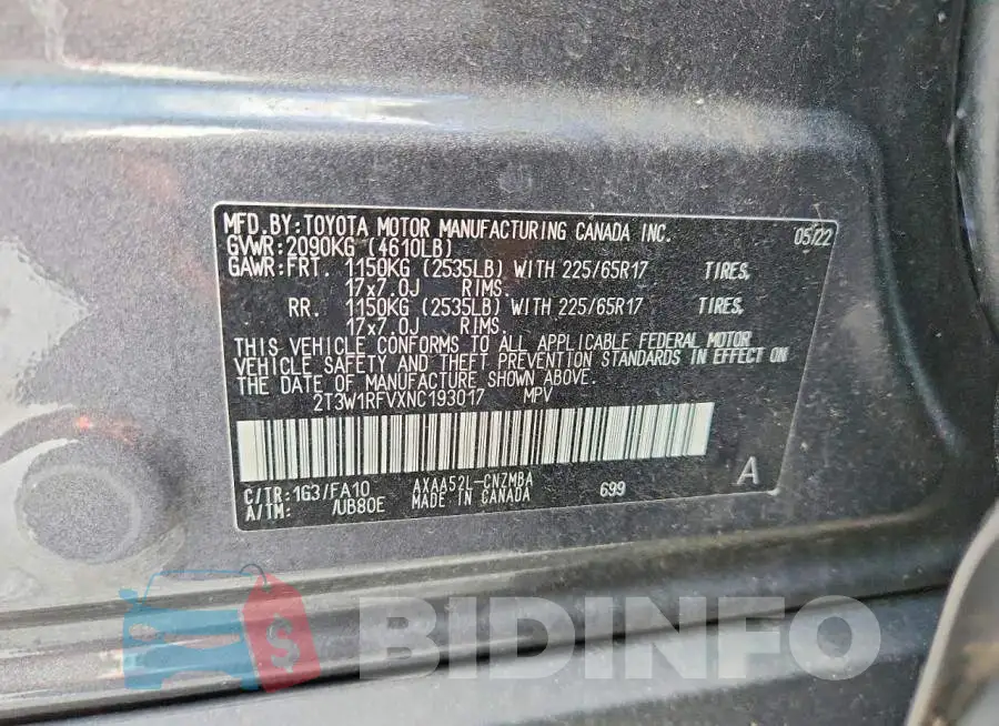 2T3W1RFVXNC193017 Photo# 13
