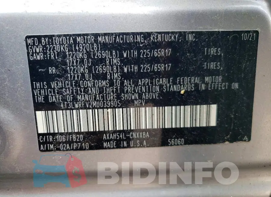 4T3LWRFV2MU039905 Photo# 12