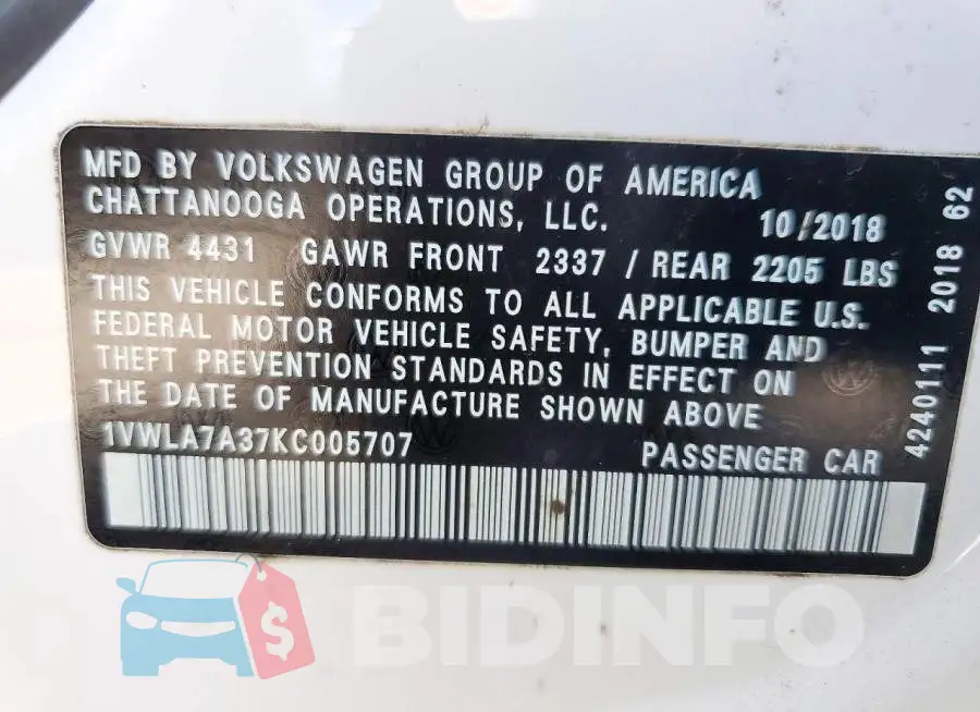 1VWLA7A37KC005707 Photo# 12