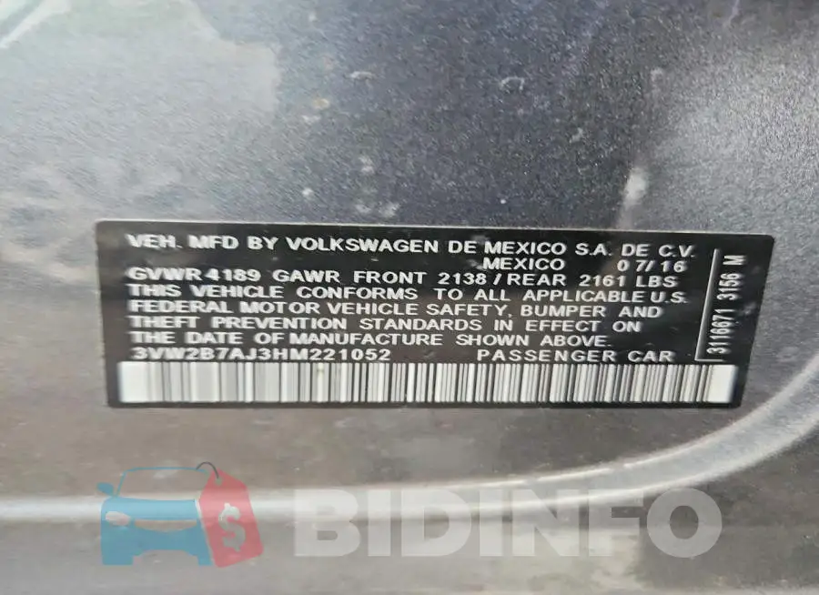 3VW2B7AJ3HM221052 Photo# 13