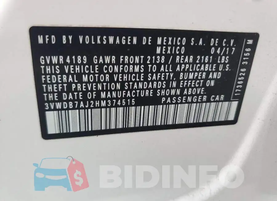 3VWDB7AJ2HM374515 Photo# 12