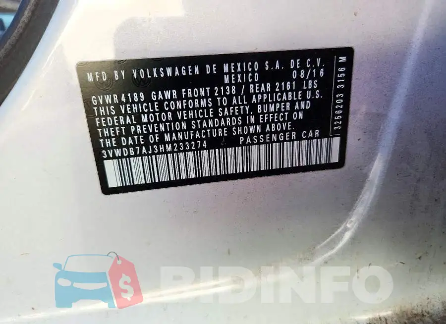 3VWDB7AJ3HM233274 Photo# 12