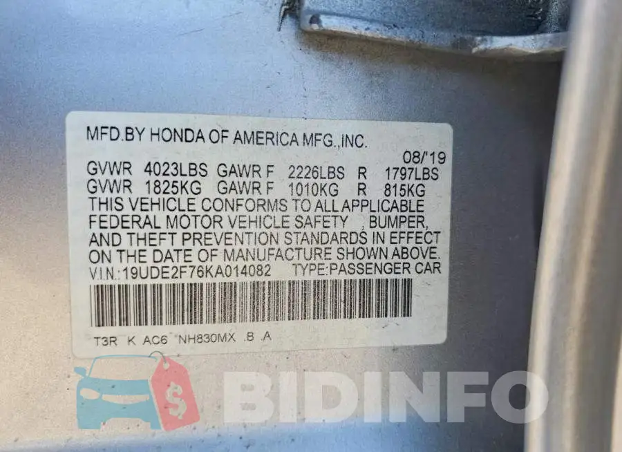 19UDE2F76KA014082 Photo# 12
