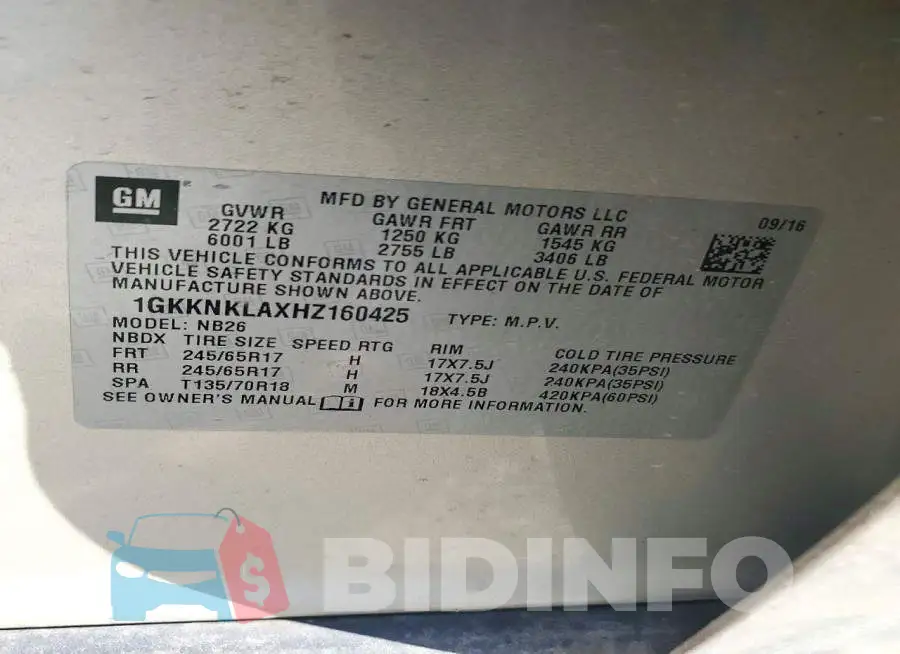 1GKKNKLAXHZ160425 Photo# 13