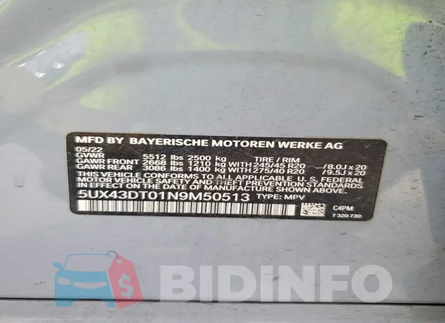5UX43DT01N9M50513 Photo# 13