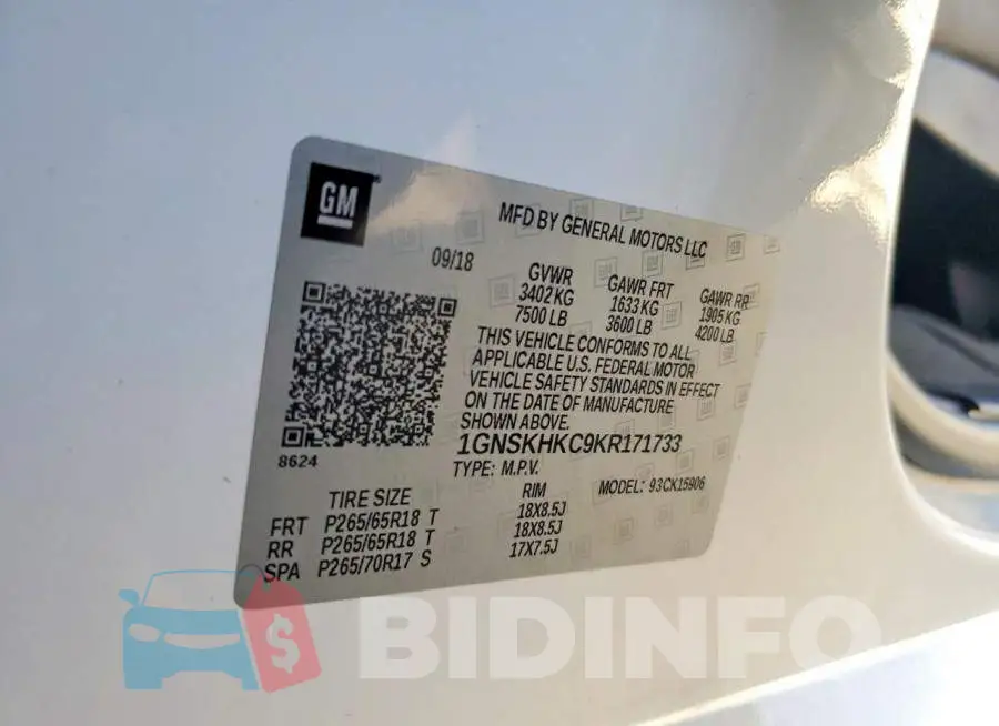 1GNSKHKC9KR171733 Photo# 13