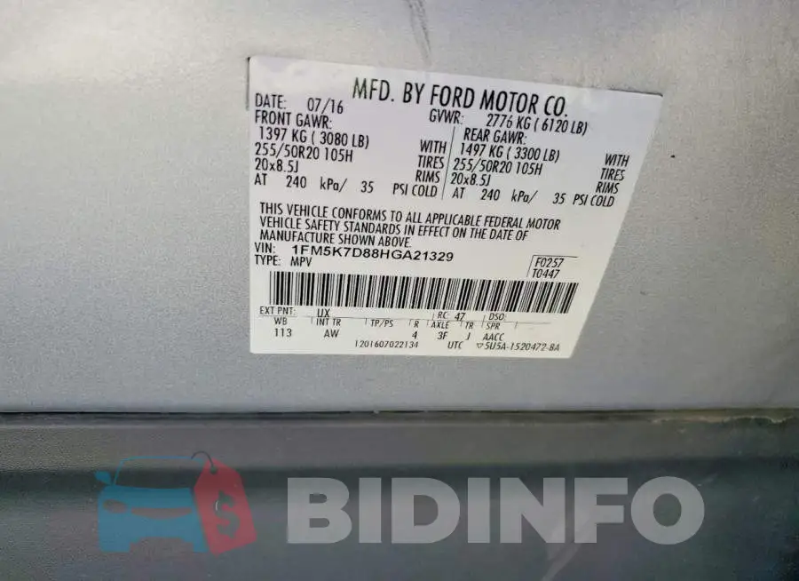 1FM5K7D88HGA21329 Photo# 12