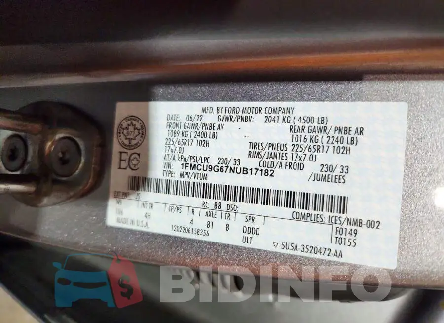 1FMCU9G67NUB17182 Photo# 13