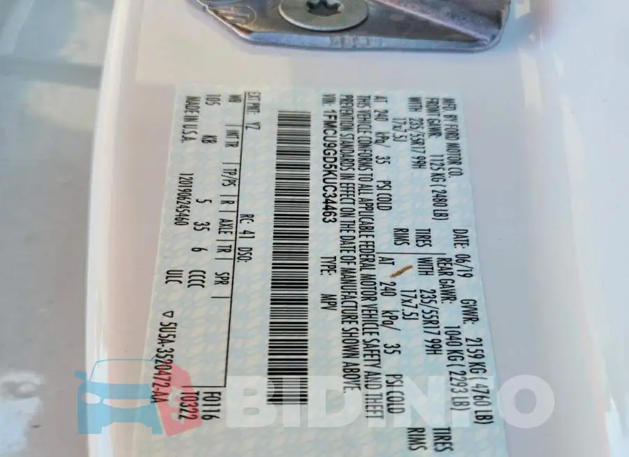 1FMCU9GD5KUC34463 Photo# 14