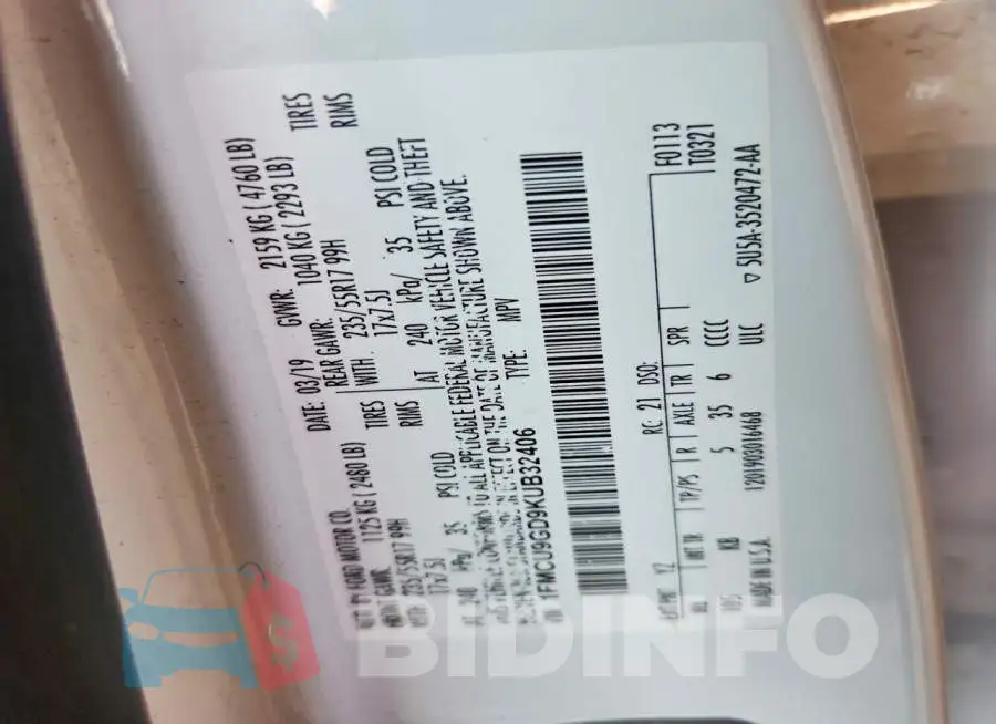 1FMCU9GD9KUB32406 Photo# 13