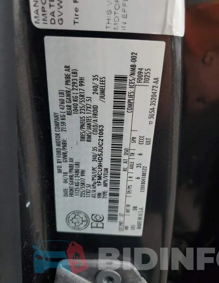 1FMCU9HD5JUC21063 Photo# 14