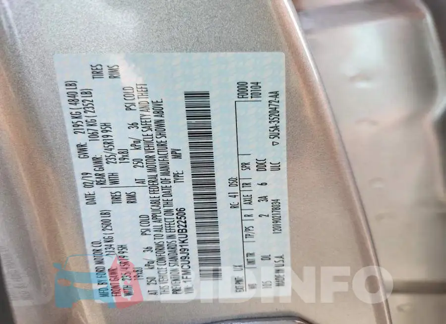 1FMCU9J91KUB22506 Photo# 12