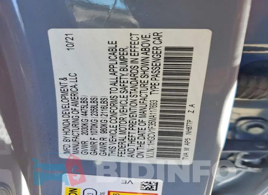 1HGCV1F35MA117693 Photo# 12