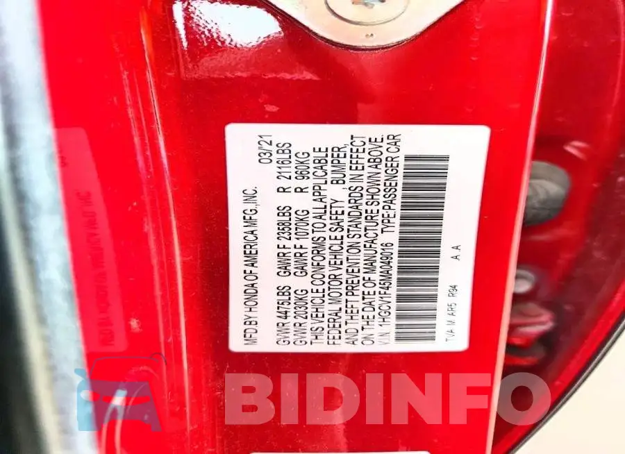 1HGCV1F45MA049016 Photo# 12