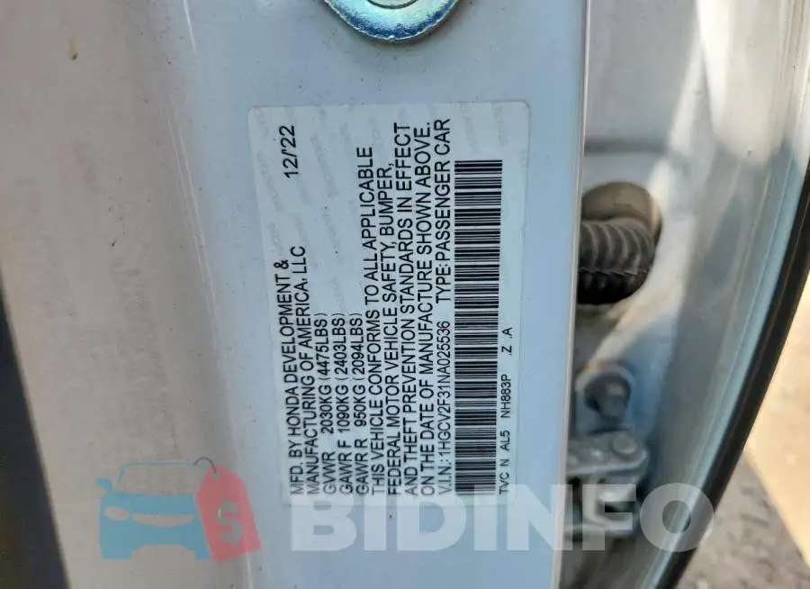 1HGCV2F31NA025536 Photo# 12
