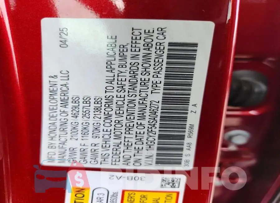 1HGCY2F54SA046272 Photo# 12