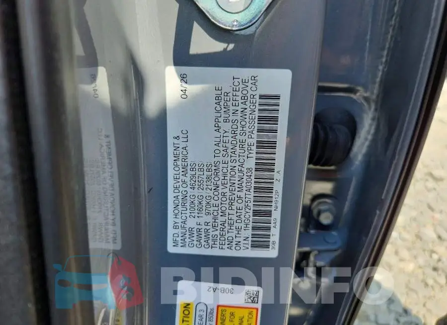 1HGCY2F57TA030438 Photo# 12