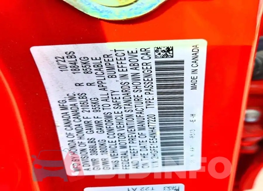 2HGFE1E54NH477220 Photo# 12