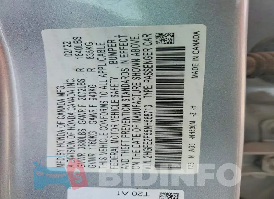 2HGFE2F55NH568713 Photo# 12