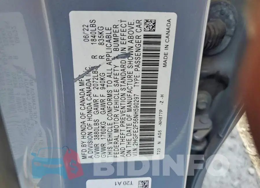 2HGFE2F56NH590297 Photo# 12