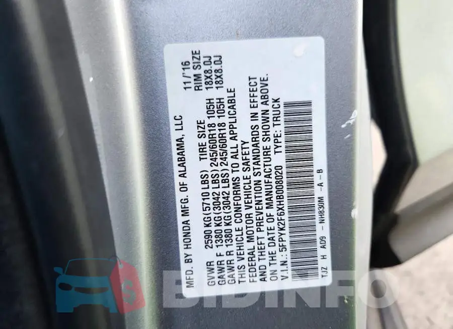 5FPYK2F6XHB008020 Photo# 12