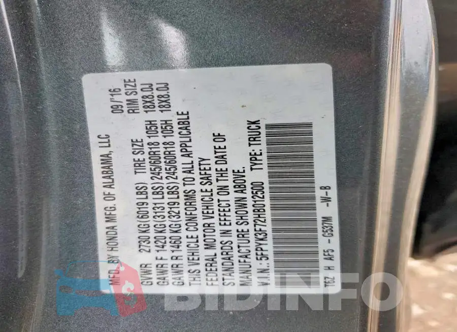 5FPYK3F72HB012500 Photo# 13