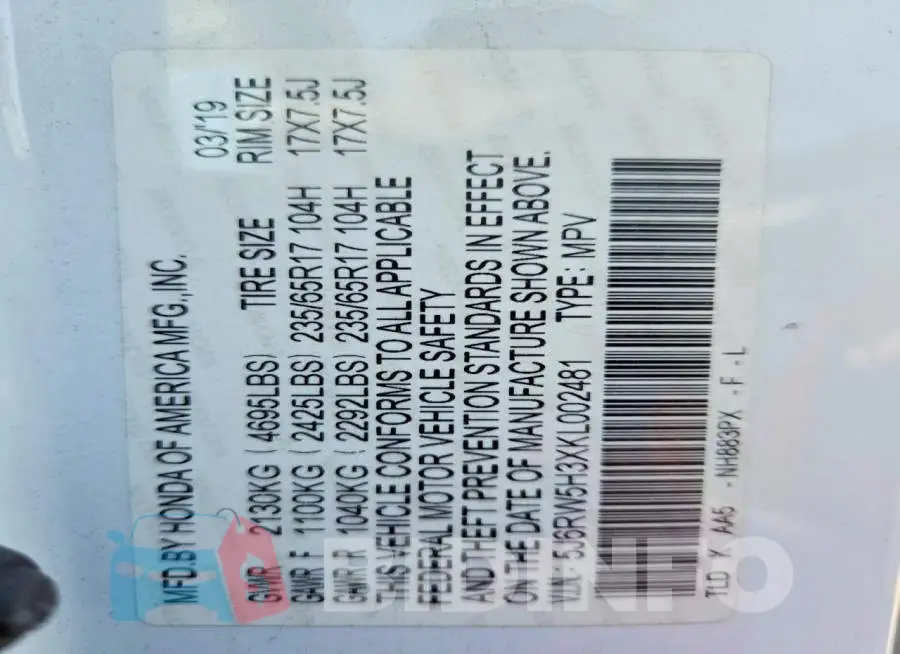 5J6RW5H3XKL002481 Photo# 13