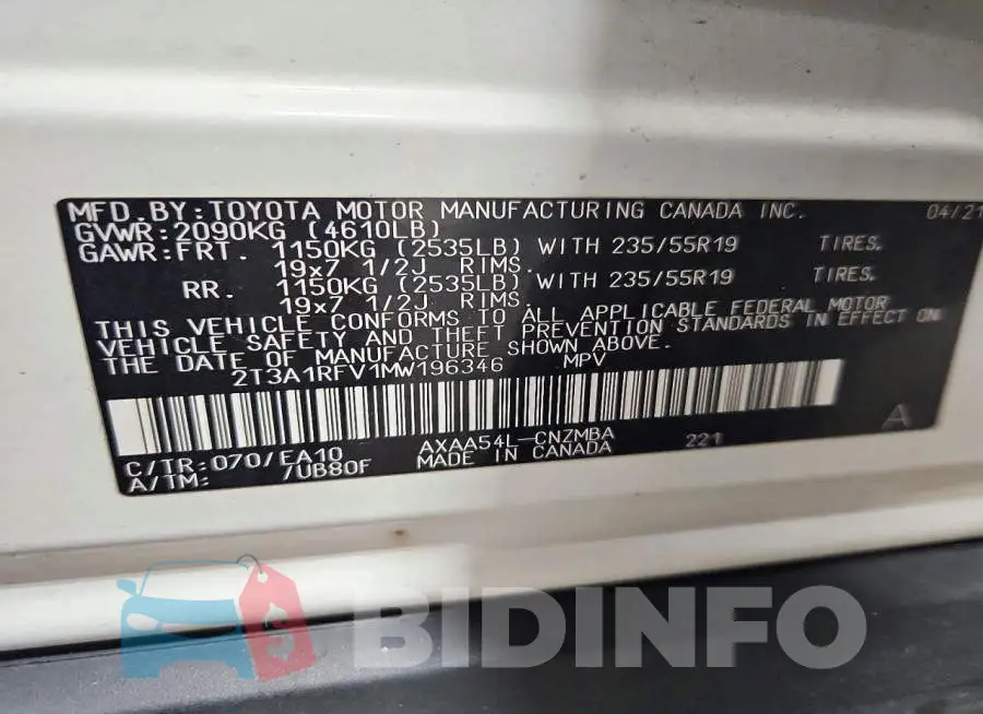 2T3A1RFV1MW196346 Photo# 12