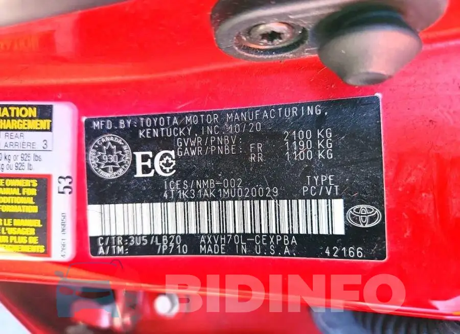 4T1K31AK1MU020029 Photo# 12
