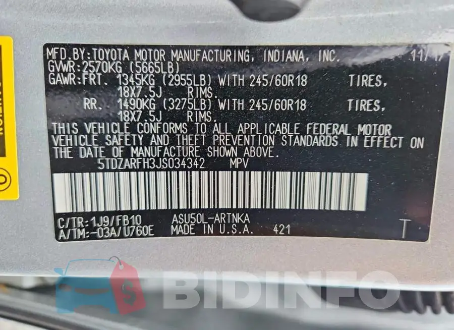 5TDZARFH3JS034342 Photo# 13