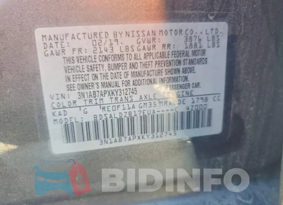 3N1AB7APXKY312745 Photo# 12