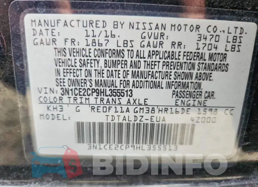 3N1CE2CP9HL355513 Photo# 12