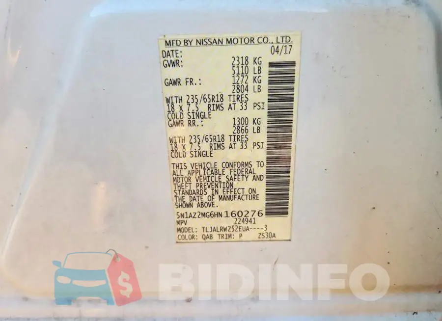 5N1AZ2MG6HN160276 Photo# 13