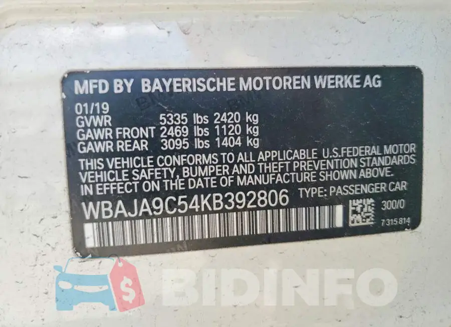 WBAJA9C54KB392806 Photo# 12