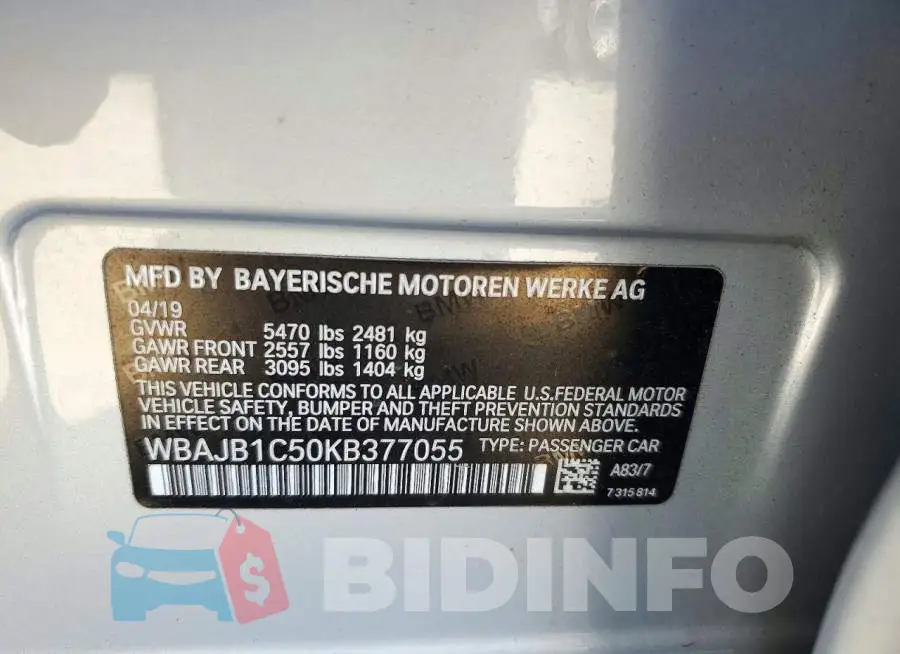 WBAJB1C50KB377055 Photo# 13