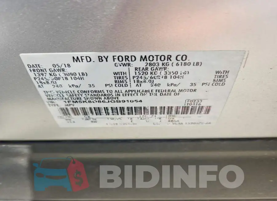 1FM5K8D86JGB91054 Photo# 13