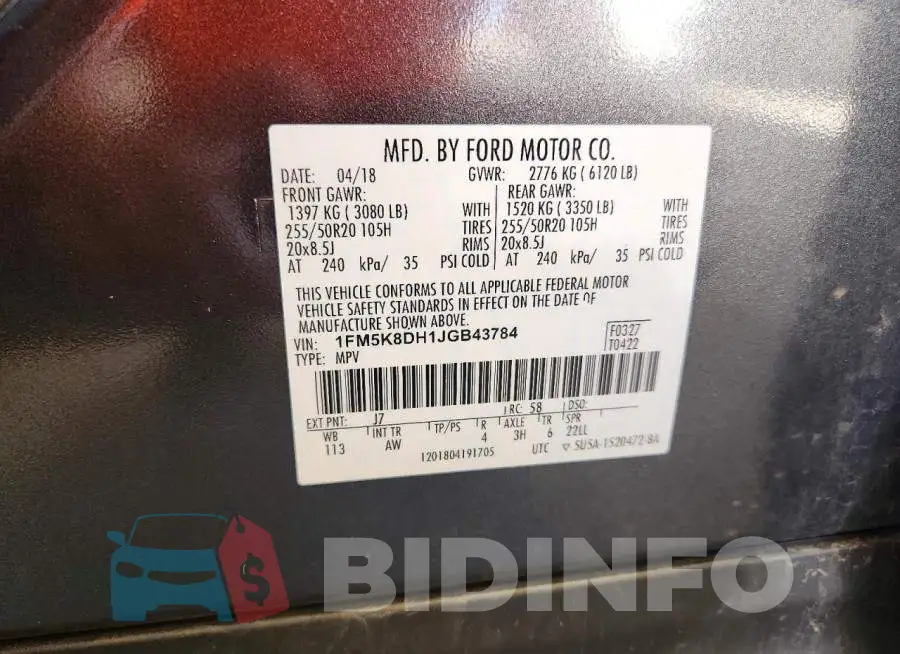 1FM5K8DH1JGB43784 Photo# 14