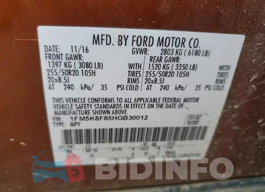 1FM5K8F85HGB30012 Photo# 13