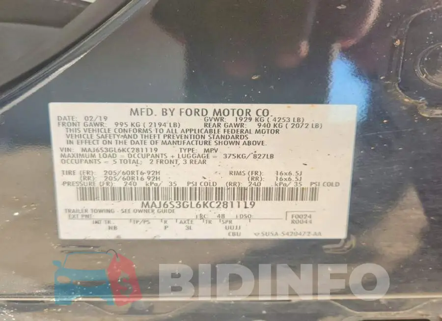 MAJ6S3GL6KC281119 Photo# 13