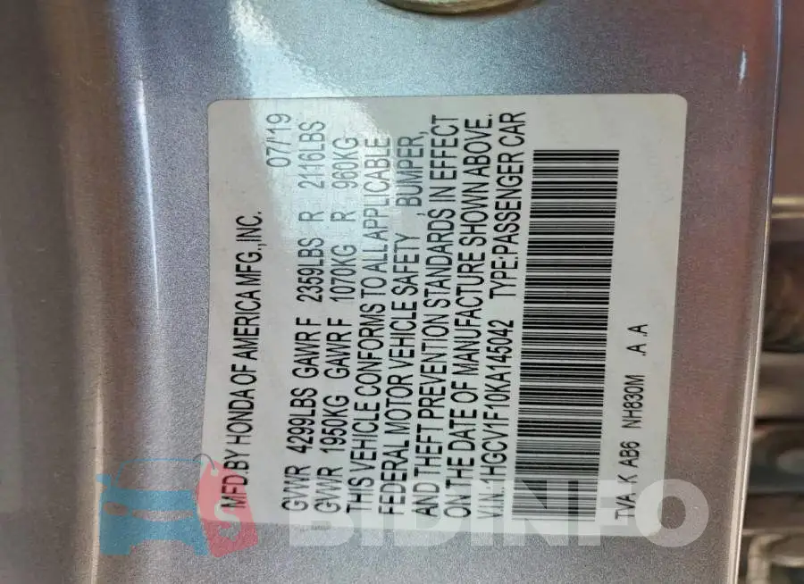 1HGCV1F10KA145042 Photo# 12