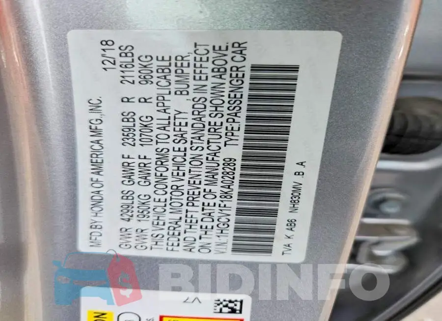 1HGCV1F18KA028289 Photo# 12