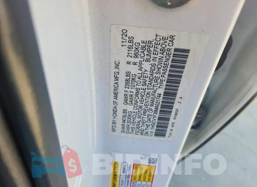 1HGCV1F39MA021744 Photo# 12