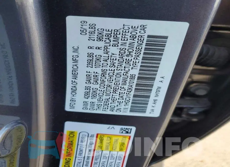 1HGCV1F43KA101885 Photo# 13