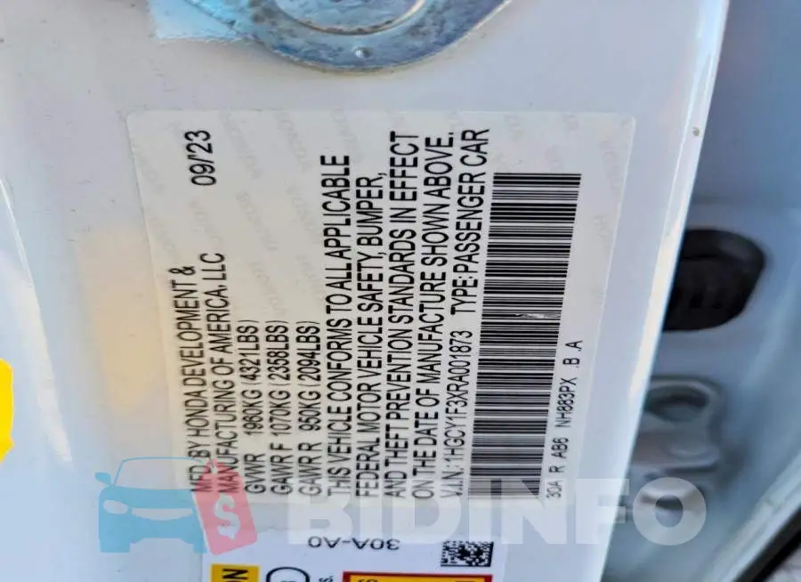 1HGCY1F3XRA001873 Photo# 12