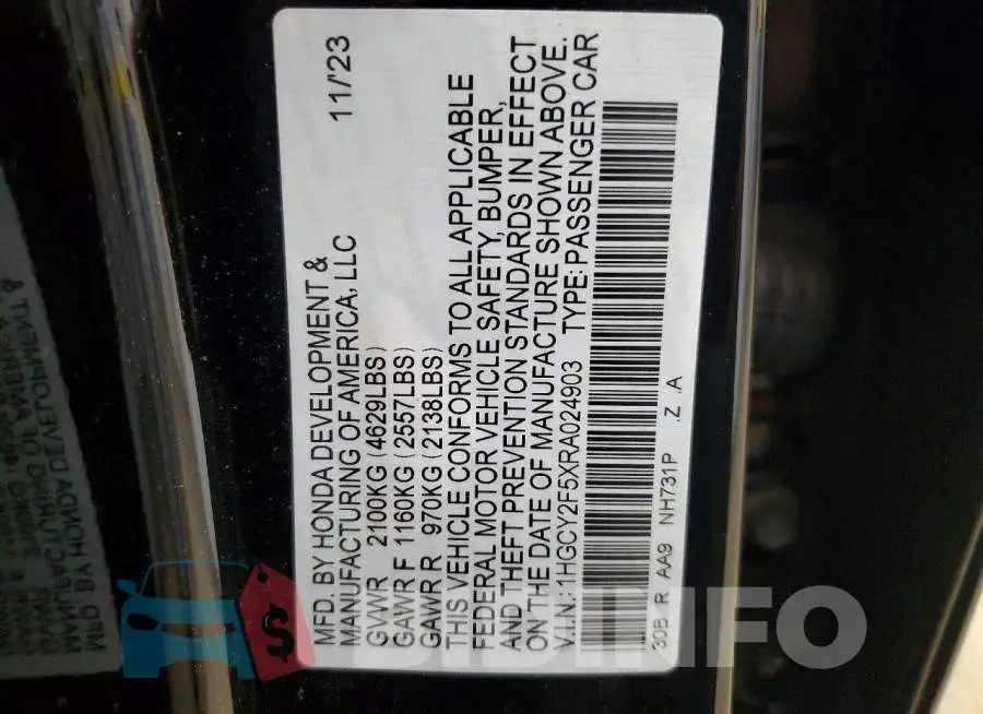 1HGCY2F5XRA024903 Photo# 12