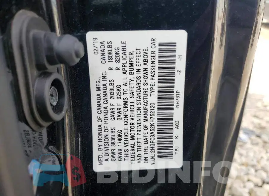 2HGFC3A52KH752120 Photo# 12