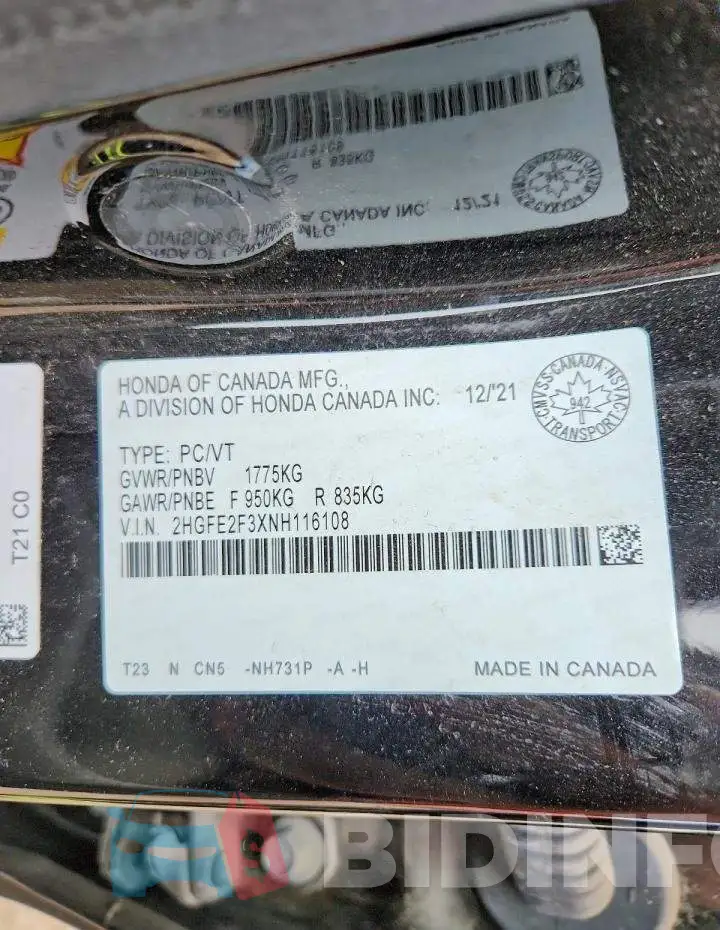 2HGFE2F3XNH116108 Photo# 12