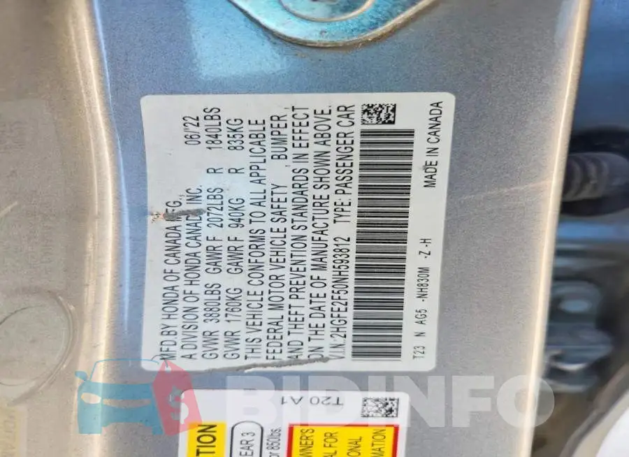 2HGFE2F50NH593812 Photo# 12