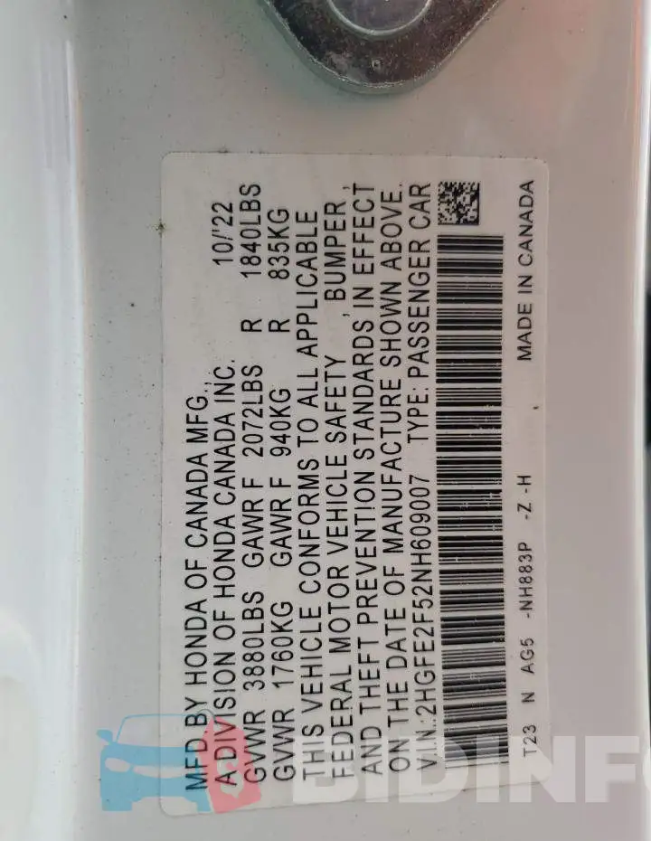 2HGFE2F52NH609007 Photo# 12