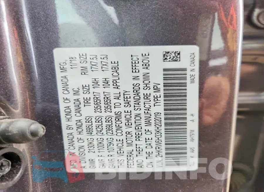2HKRW6H33KH202019 Photo# 12